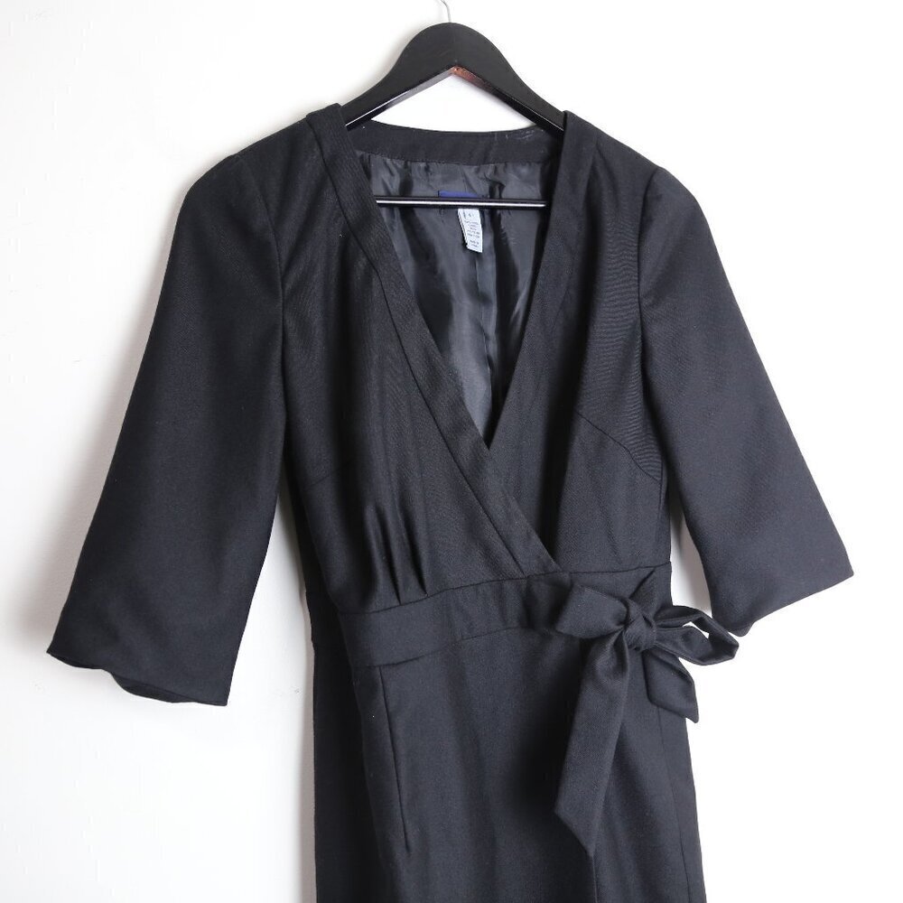 J.Crew Black 100% Wool 3/4 Sleeve Belted Wrap Bodycon Midi Dress Size 4 - Picture 2 of 9